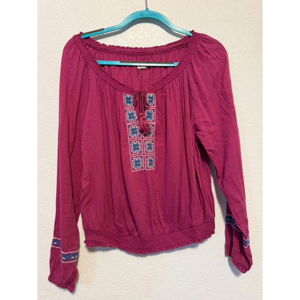 Hollister Magenta Pink Embroidered Long Sleeve Peasant Top Tassel Smocked Medium